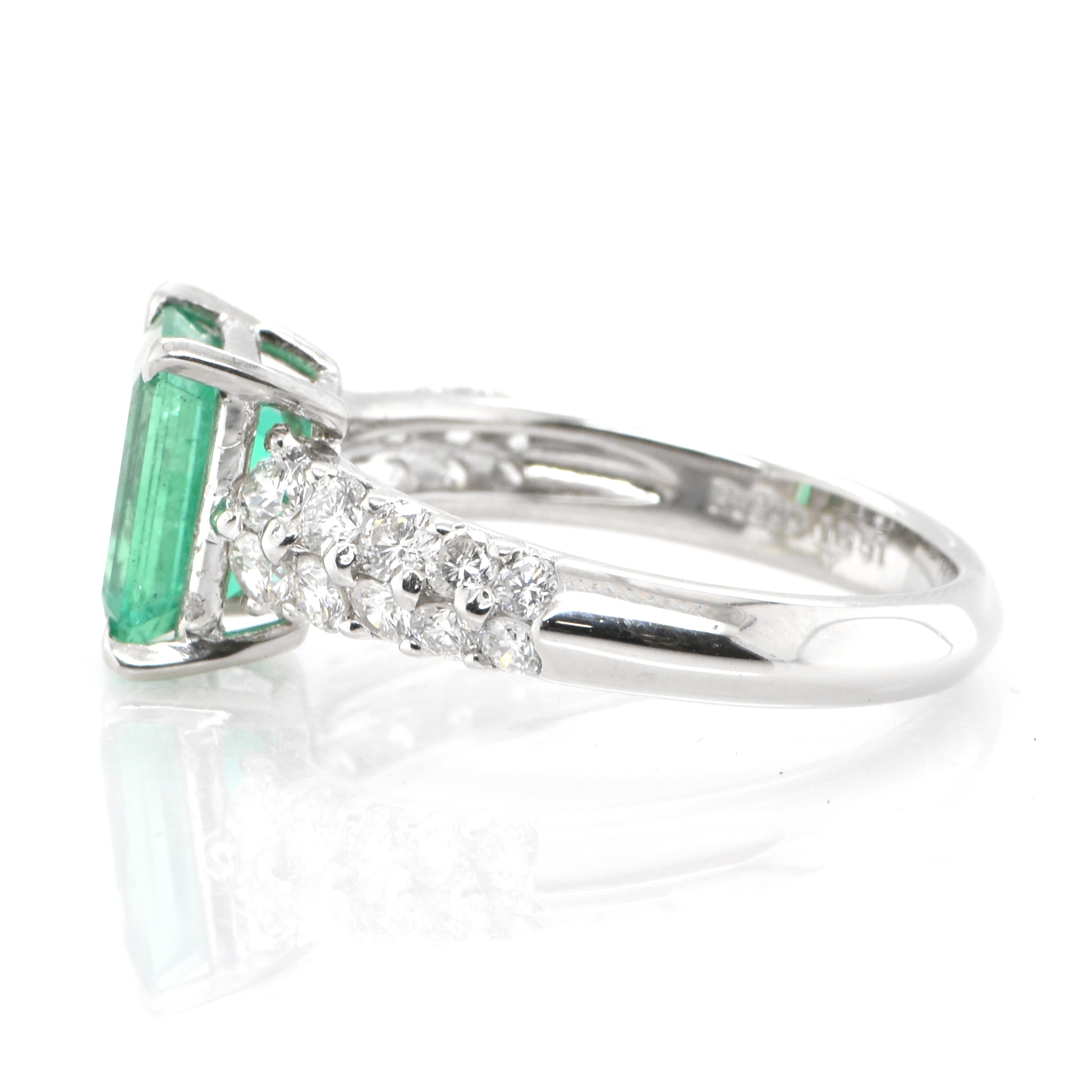 Emerald Cut 1.65 Carat Natural Colombian Emerald and Diamond Ring Set in Platinum
