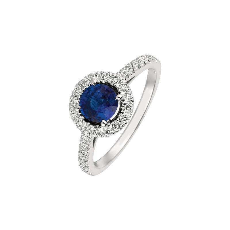 Round Cut 1.65 Carat Natural Diamond and Sapphire Engagement Ring 14 Karat White Gold For Sale