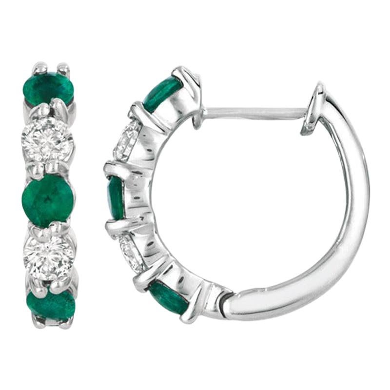 1.65 Carat Natural Emerald and Diamond Hoop Earrings G SI 14 Karat White Gold For Sale