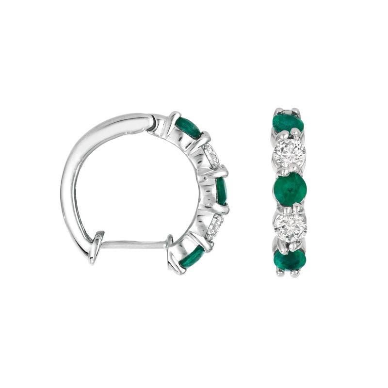 Contemporary 1.65 Carat Natural Emerald and Diamond Hoop Earrings G SI 14 Karat White Gold For Sale