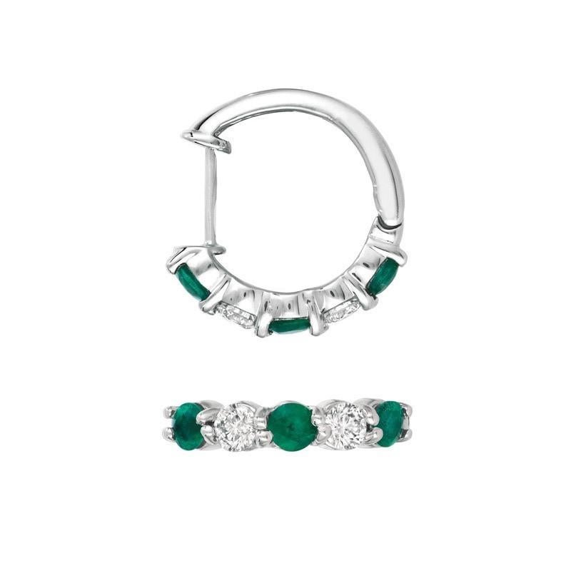 Emerald Cut 1.65 Carat Natural Emerald and Diamond Hoop Earrings G SI 14 Karat White Gold For Sale
