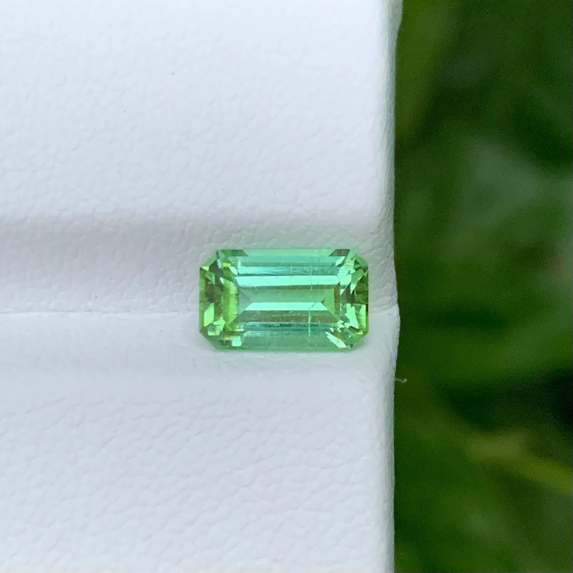 Gewicht 1,65 Karat 
Abmessungen 8,7x5,2x4,3 mm
Behandlung Keine 
Herkunft Afghanistan 
Klarheit VVS 
Form Schliff Smaragd 




Dieser 1,65 Karat schwere, natürliche, lose mintgrüne Turmalin ist ein erfrischender Edelstein, der aus den renommierten