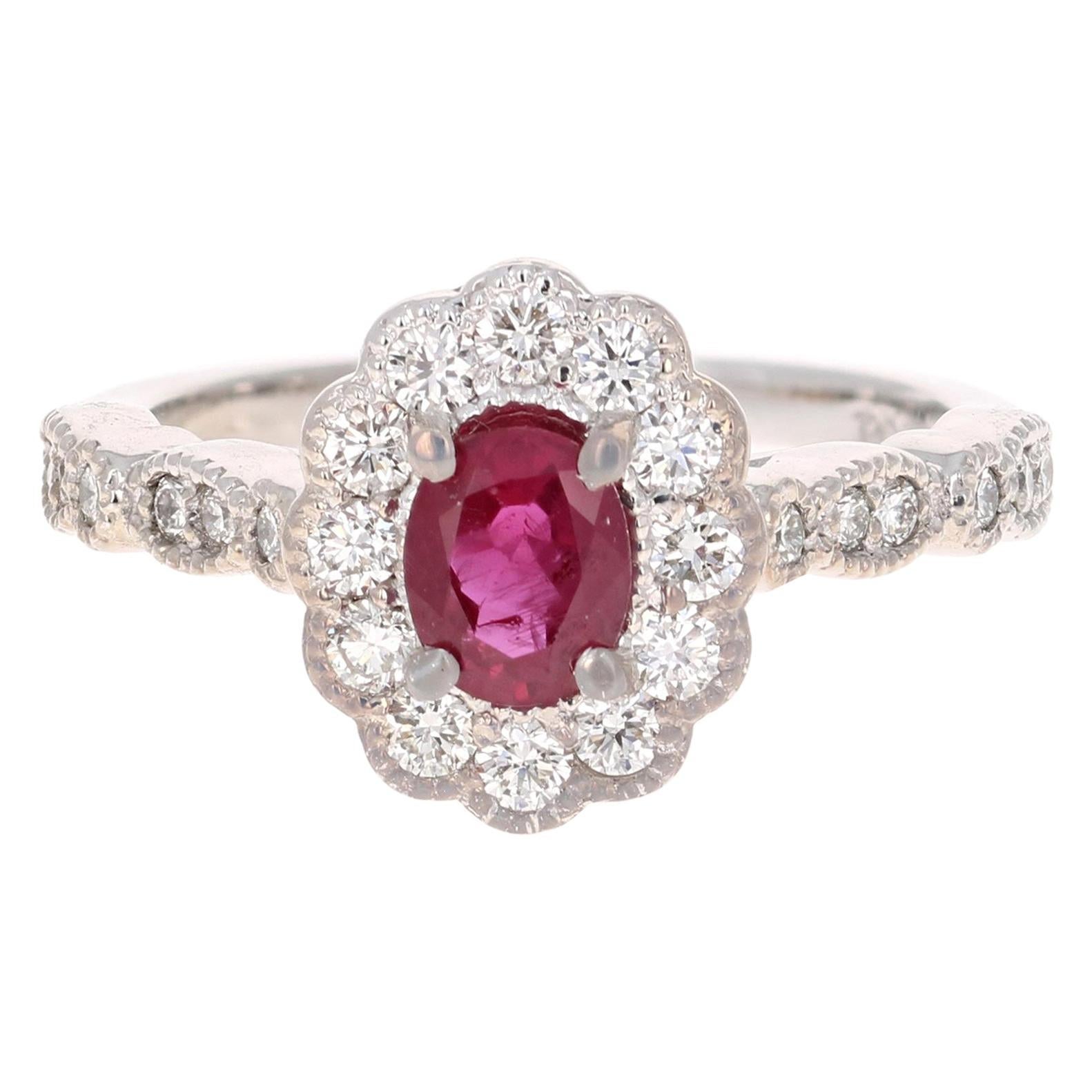 Bague de mariage en or blanc ornée d'un rubis naturel de 1,65 carat et d'un diamant