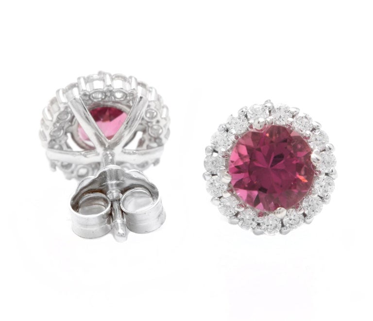 1.25 Carat Genuine Green Tourmaline and White Diamond 14K White Gold Earrings