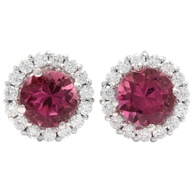 1.25 Carat Genuine Green Tourmaline and White Diamond 14K White Gold Earrings main image 1
