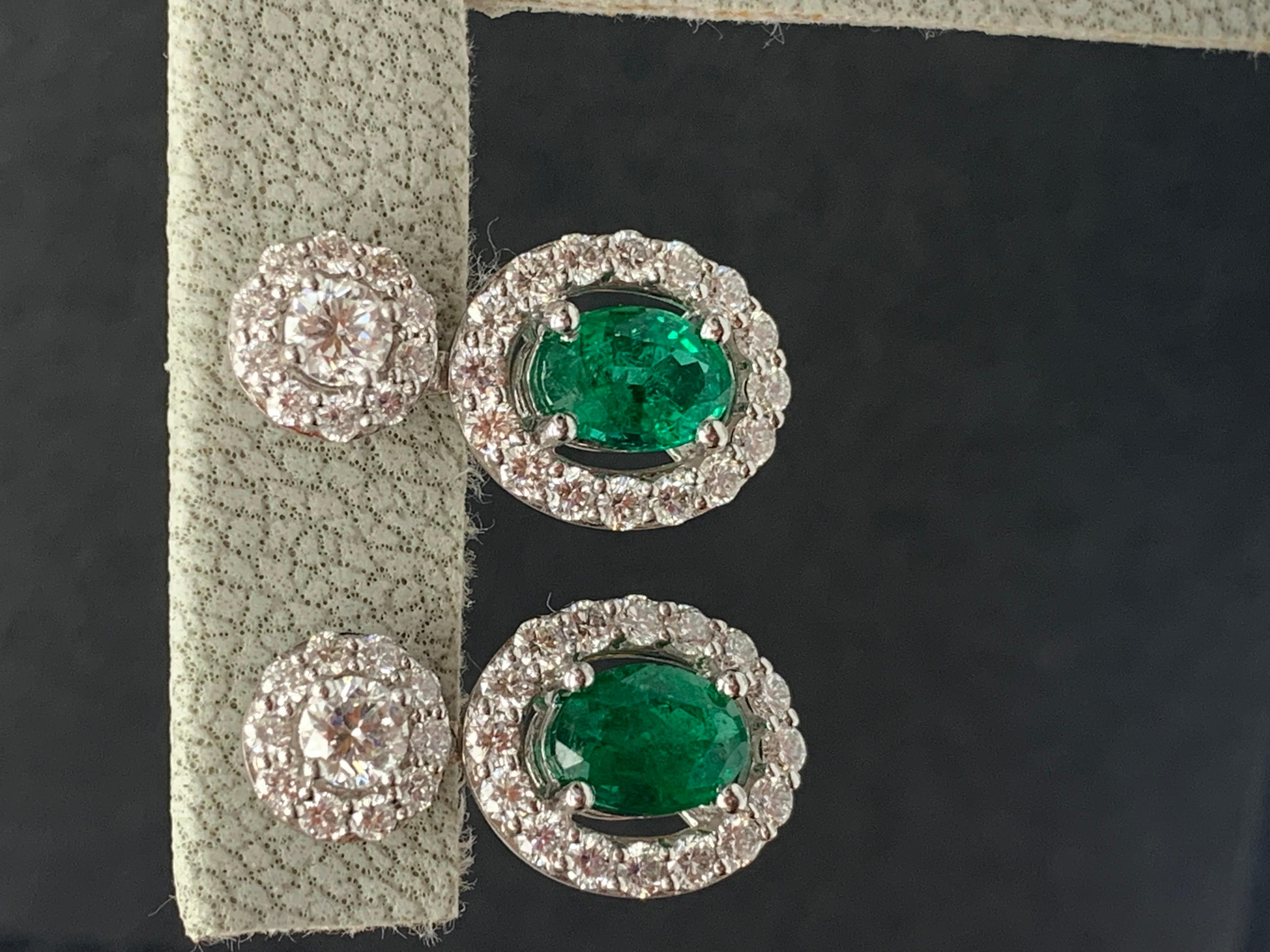 Oval Cut 1.65 Carat of Oval cut Emerald and Diamond Drop Earrings in 18K White Gold For Sale