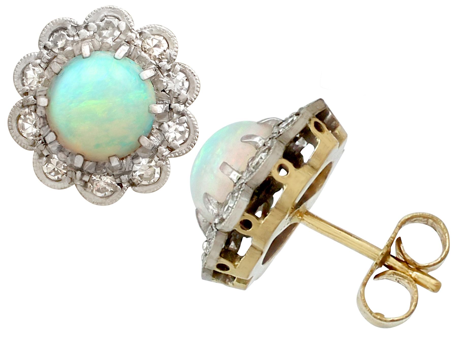 Round Cut 1.65 Carat Opal and Diamond, Yellow Gold Cluster Earrings
