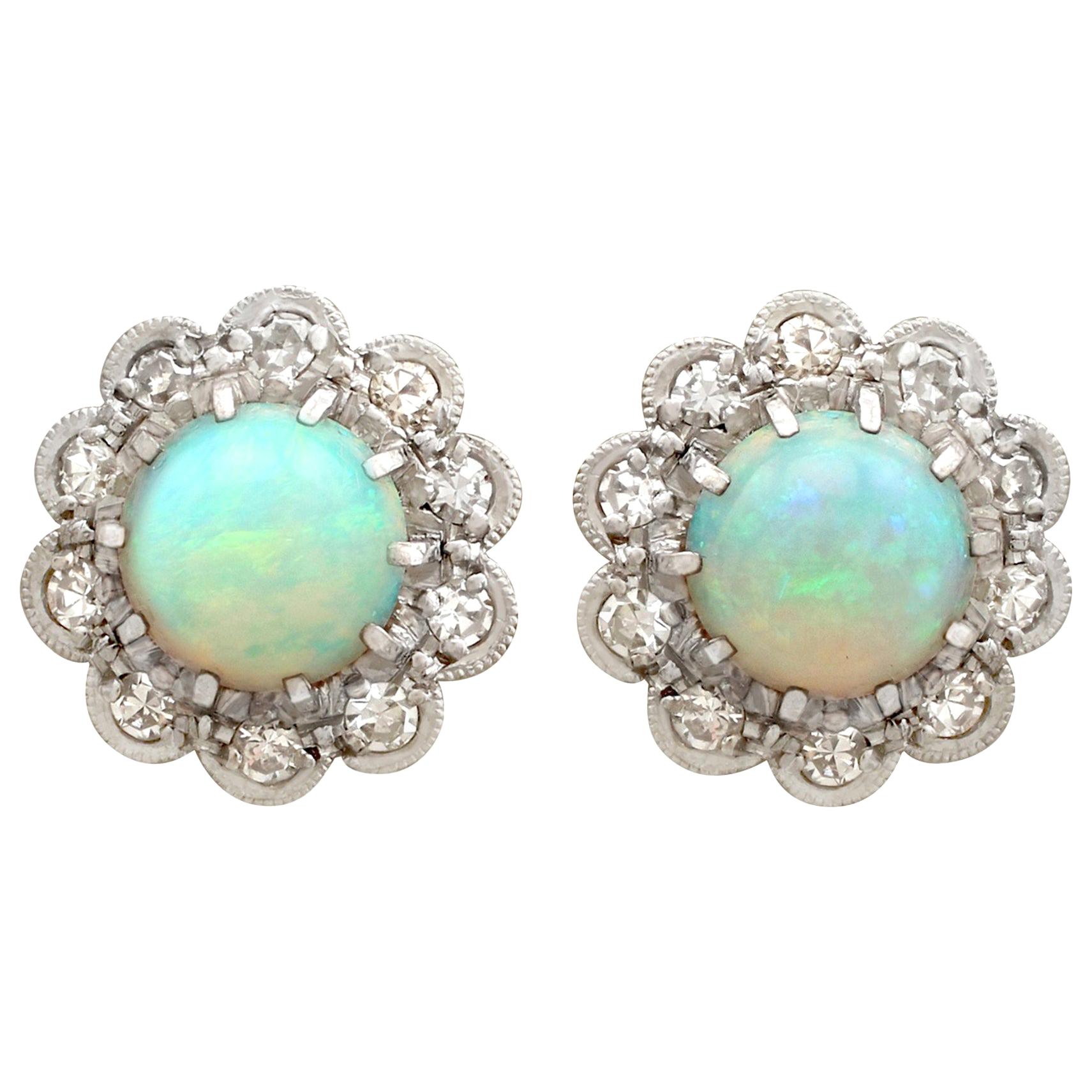1.65 Carat Opal and Diamond, Yellow Gold Cluster Earrings