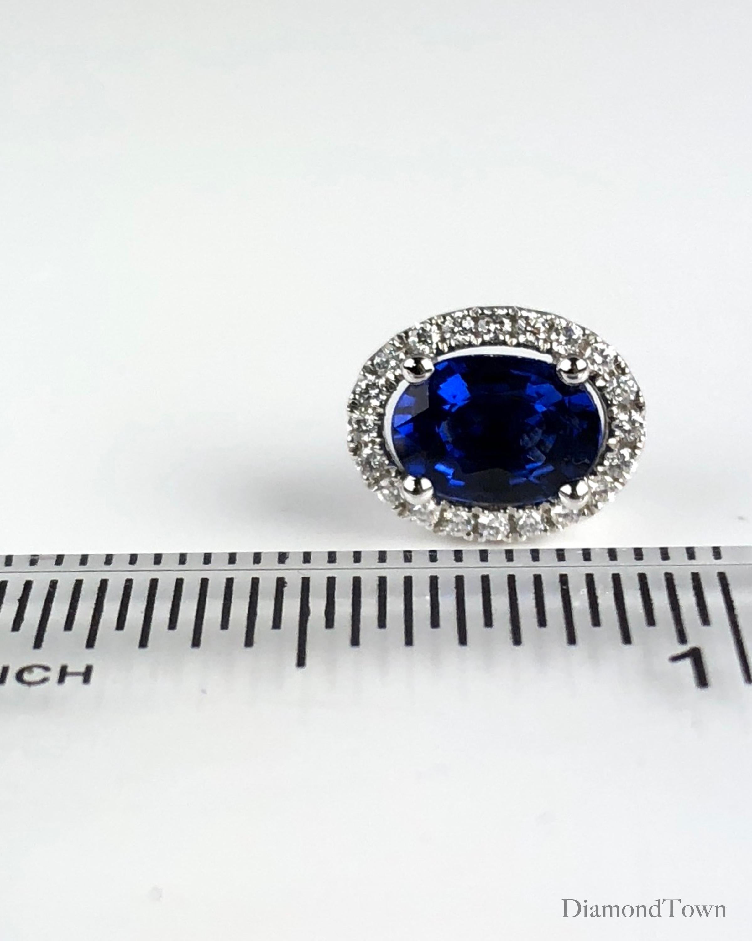 1.65 Carat Oval Cut Blue Sapphire Earrings with Diamond Halo in 18k White Gold 2