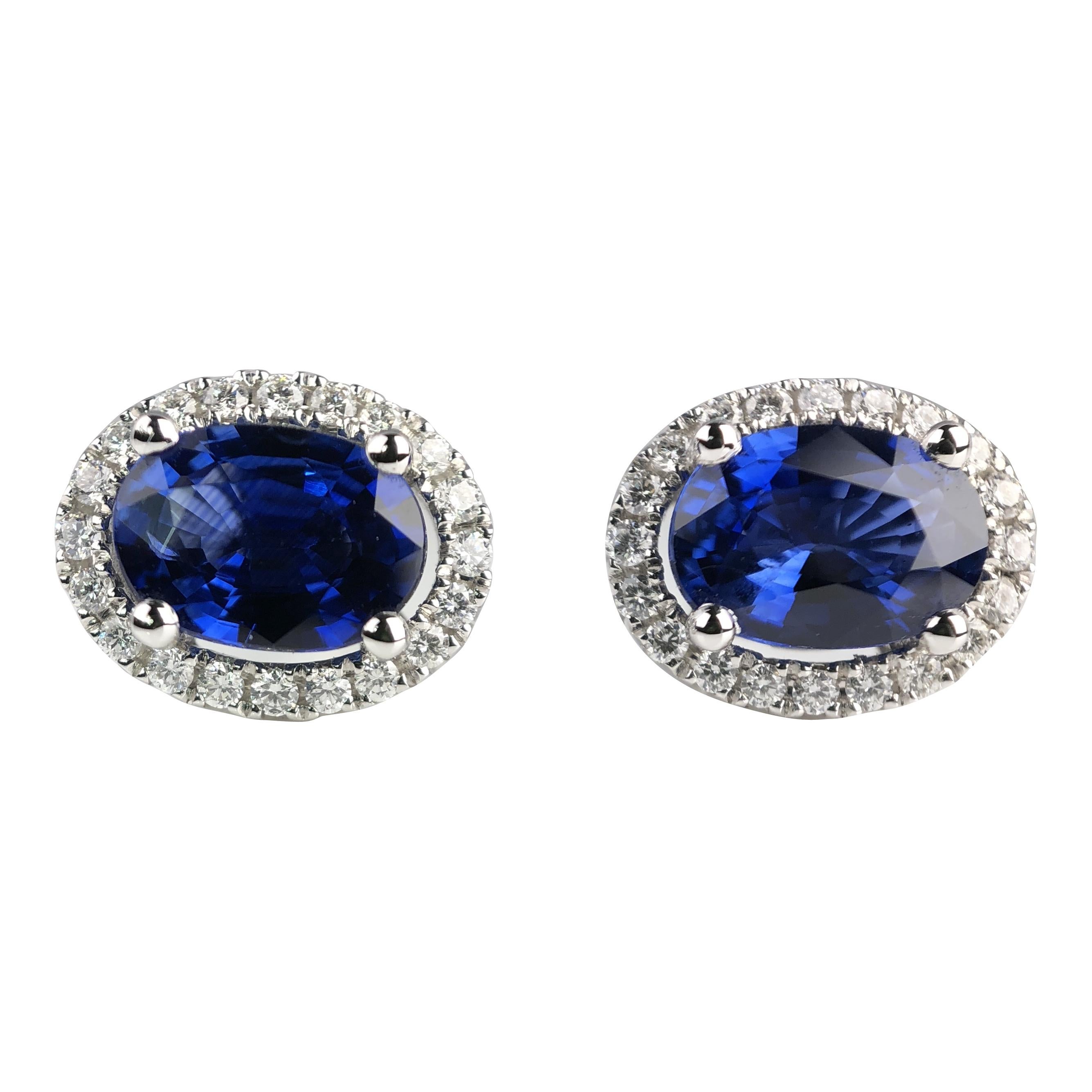 1.65 Carat Oval Cut Blue Sapphire Earrings with Diamond Halo in 18k White Gold