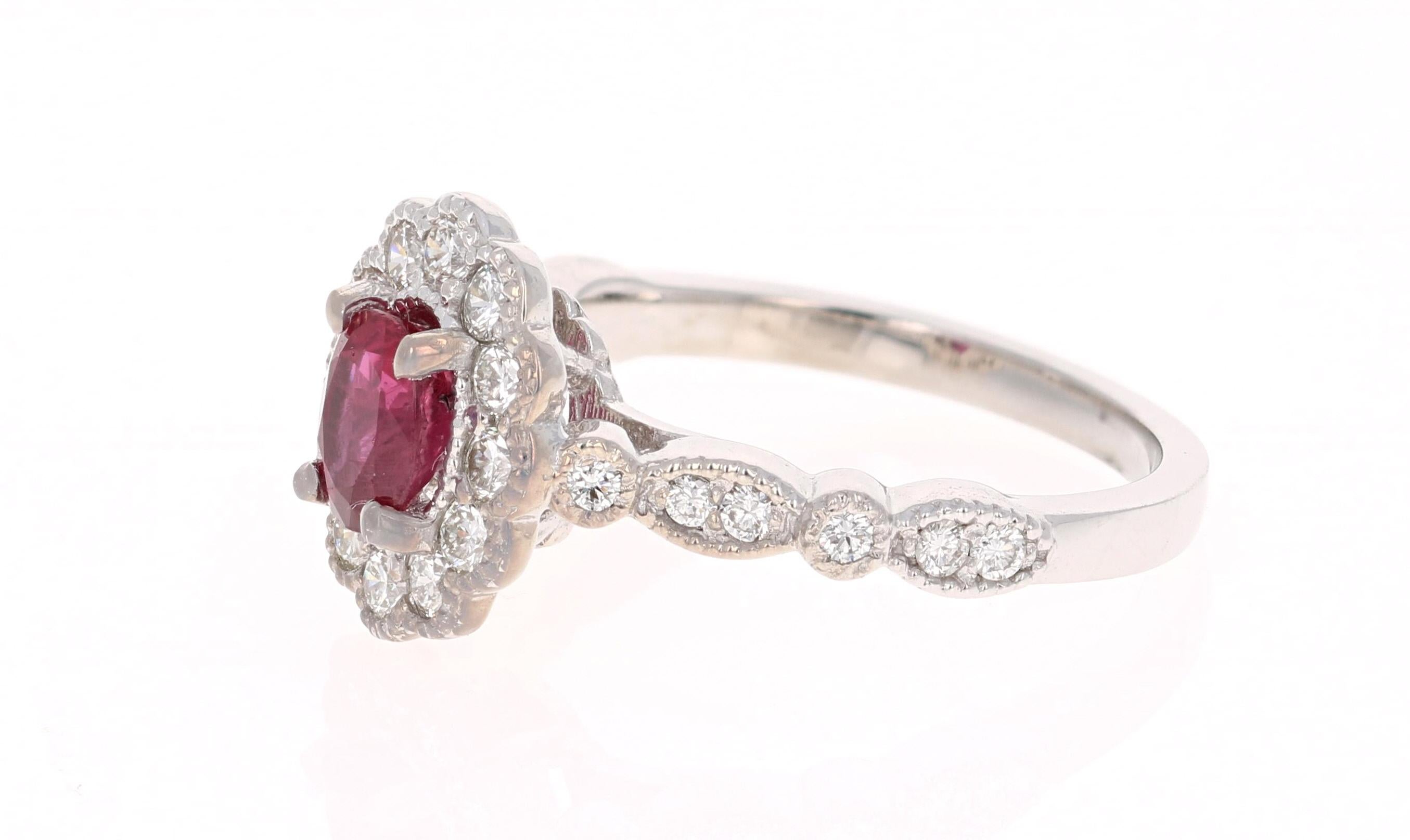 Contemporary 1.65 Carat Oval Cut Burmese Ruby Diamond 14 Karat White Gold Bridal Ring