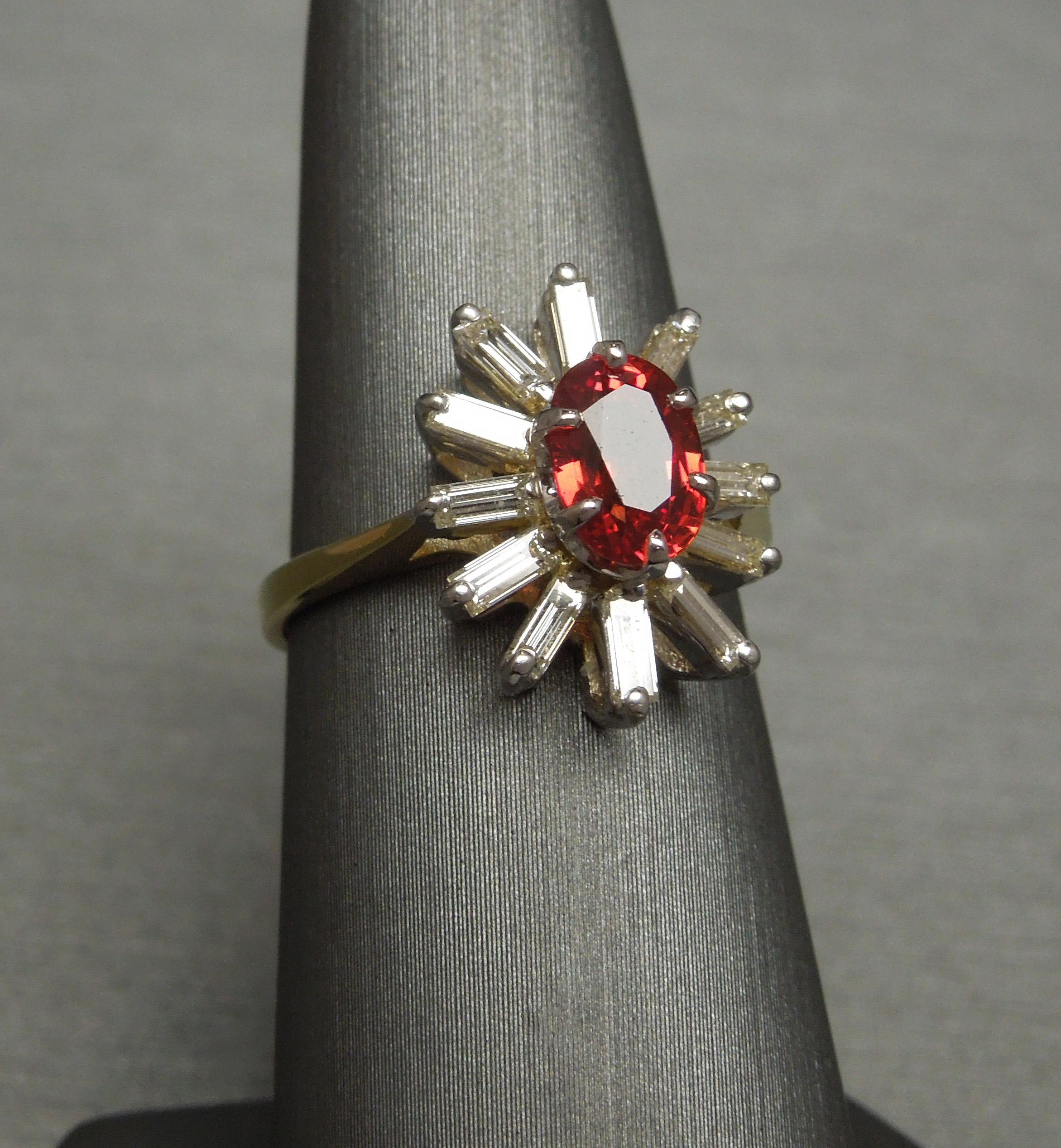 1.65 Carat Padparadscha Sapphire Solitaire & Baguette Diamond 18 Karat Gold Ring In Excellent Condition For Sale In METAIRIE, LA