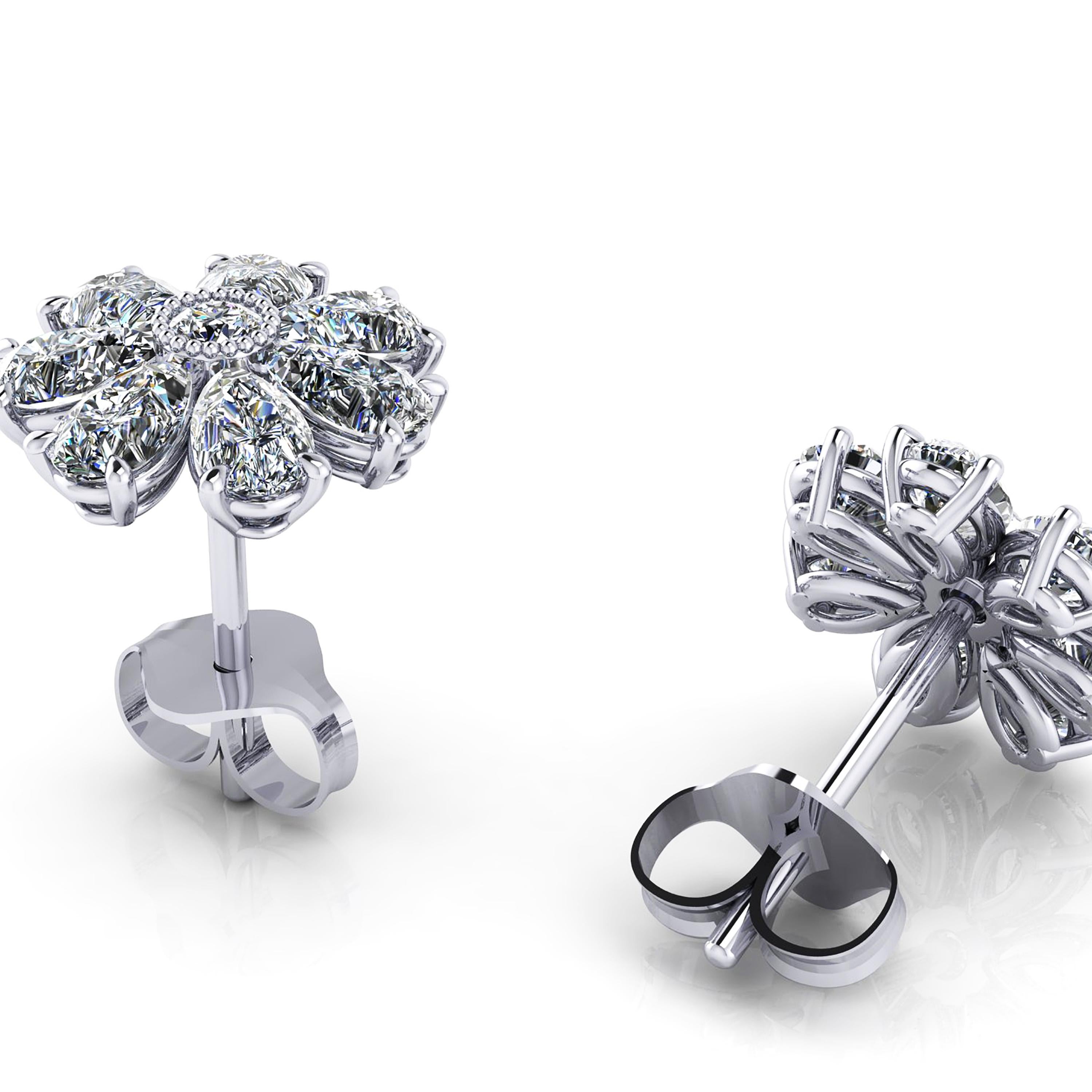 Art Nouveau 1.65 Carat Pear Shape Diamond Flower Earring Studs in Platinum 950 For Sale