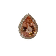 16.5 Carat Pear Shaped Morganite and Diamond Halo 14 Karat White Gold Ring