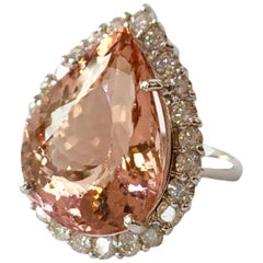 16.5 Carat Pear Shaped Morganite and Diamond Halo 14 Karat White Gold Ring