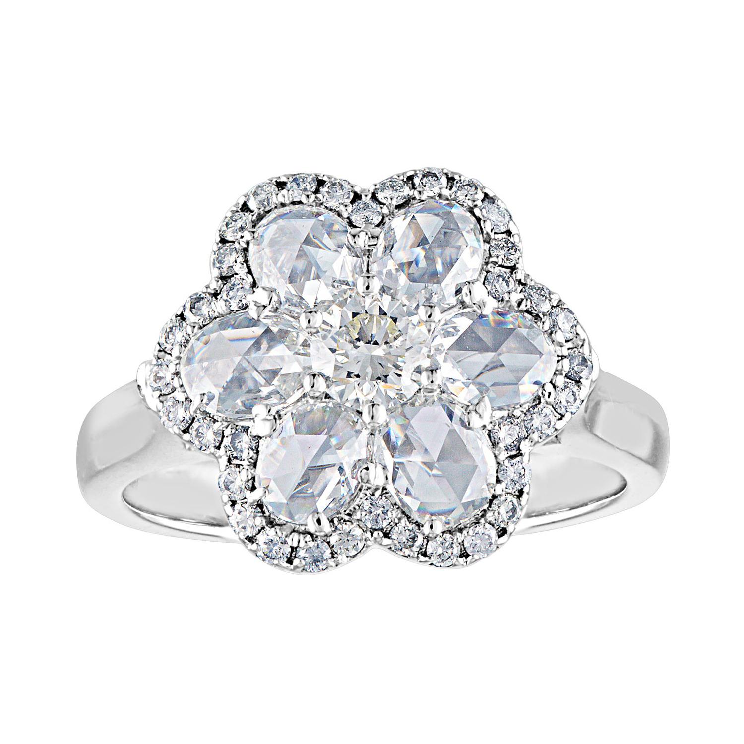 1.65 Carat Rose Cut and Round Diamonds Gold Flower Ring For Sale