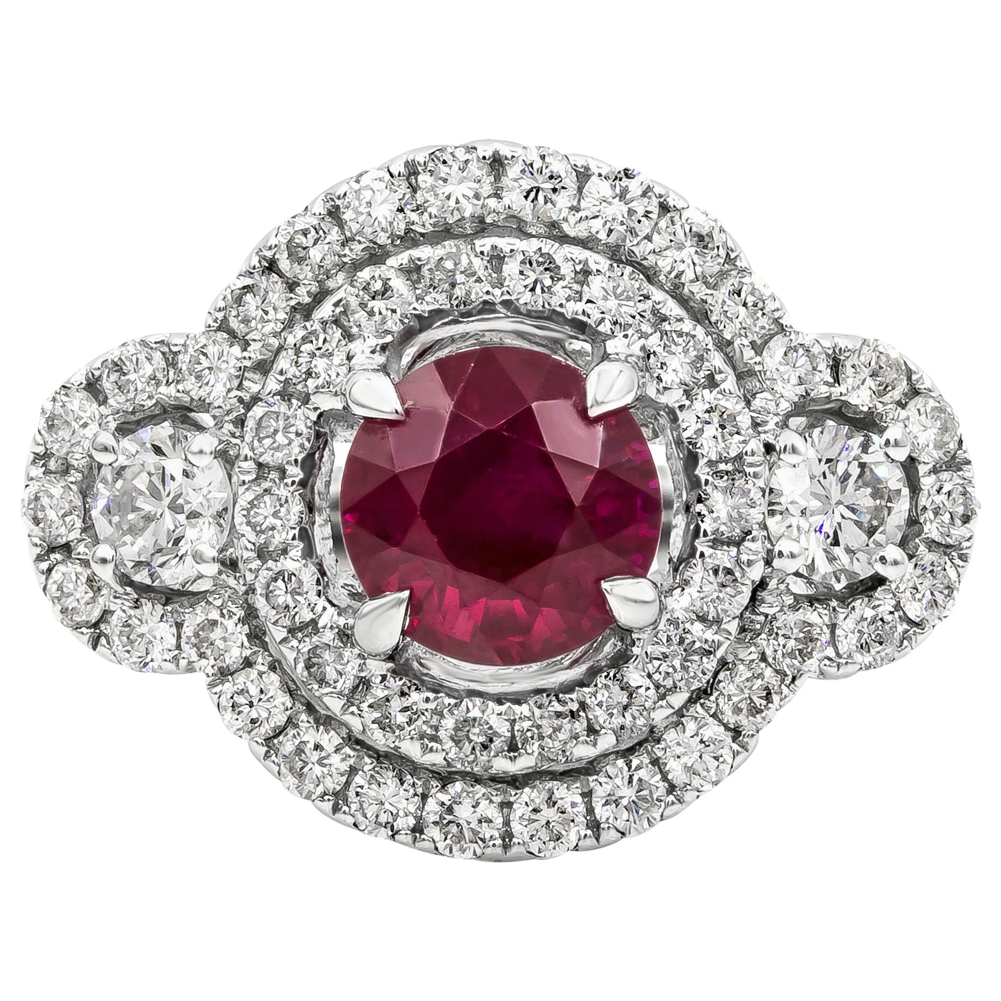Anillo de compromiso con halo de diamantes y rubíes birmanos de talla redonda y certificado por el GIA de 1,65 quilates