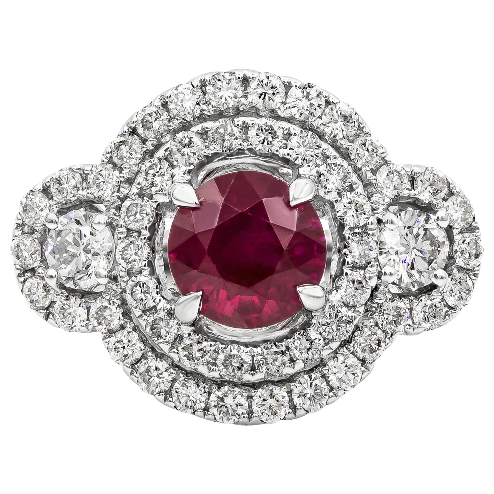 GIA Certified 1.65 Carat Round Ruby and Diamond Three-Stone Halo Engagement Ring