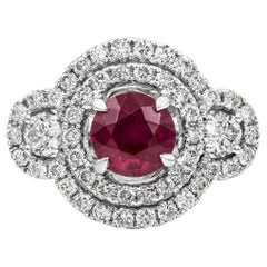 GIA Certified 1.65 Carat Round Ruby and Diamond Three-Stone Halo Engagement Ring