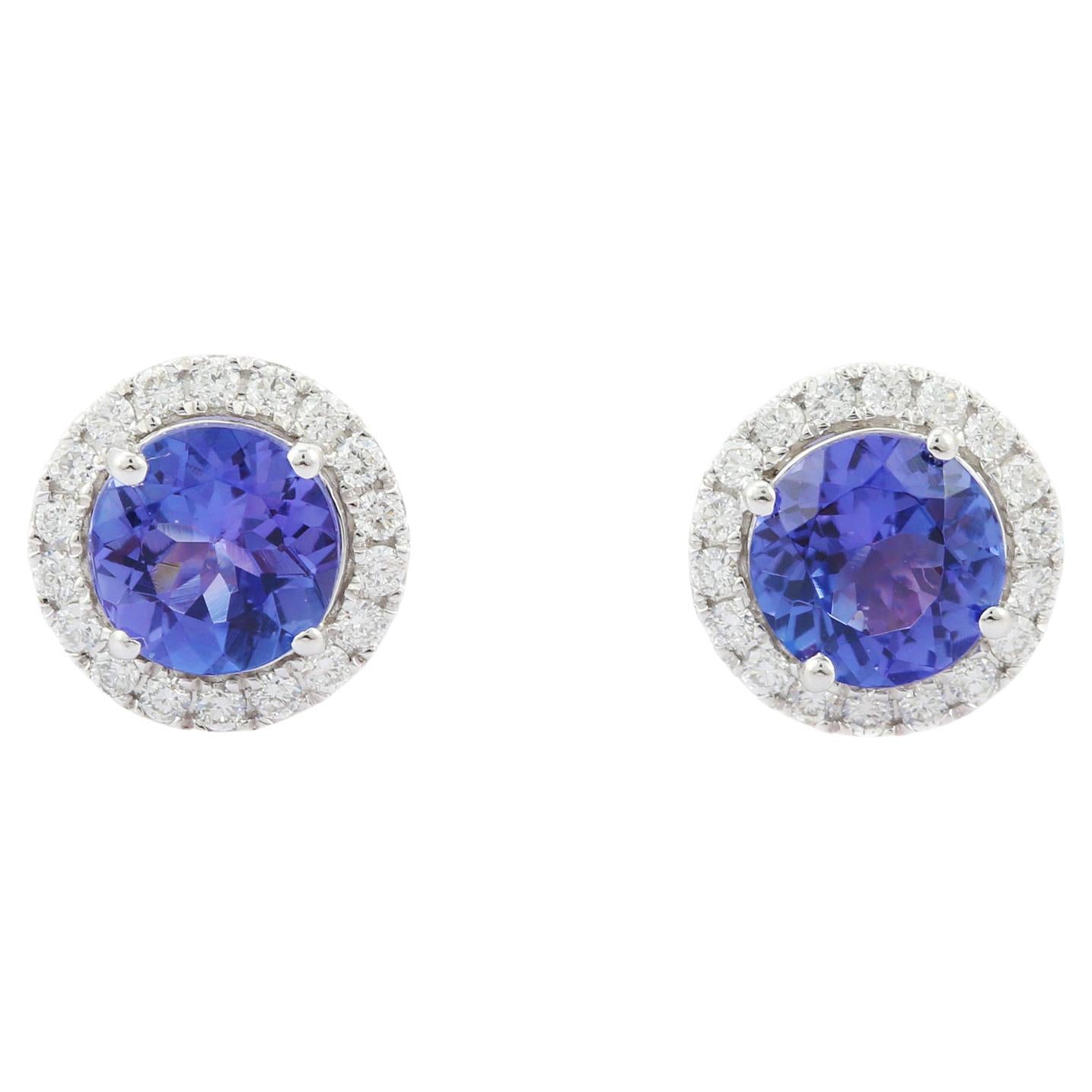 1.65 Carat Round Shaped Tanzanite with Diamonds Stud Earrings in 18K White Gold For Sale