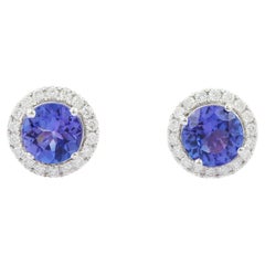 1.65 Carat Round Shaped Tanzanite with Diamonds Stud Earrings in 18K White Gold