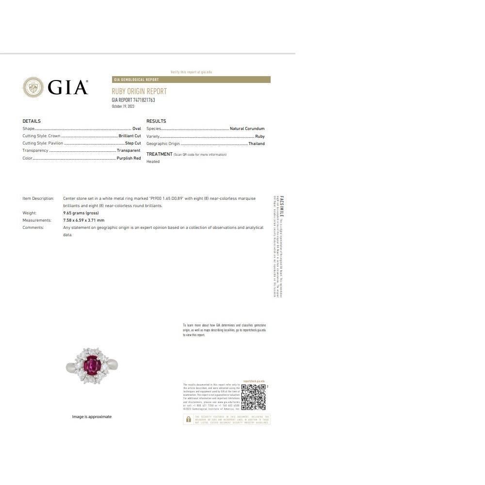Women's 1.65 Carat Ruby Diamond Platinum Ring, GIA Certified For Sale
