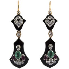 1.65 Carat Ruby Emerald White Diamond Onyx Yellow Gold Lever-Back Earrings
