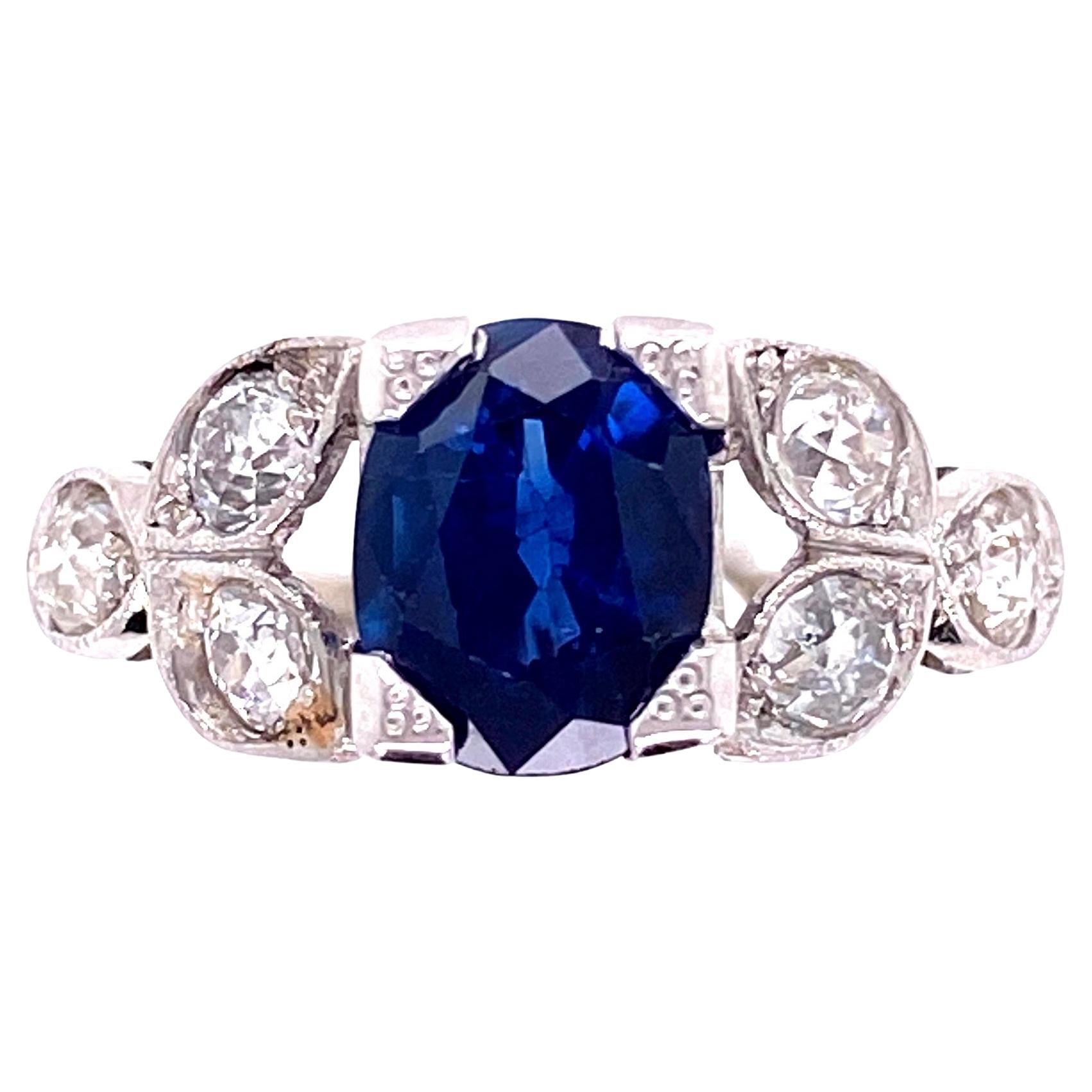 1.65 Carat Sapphire and Diamond Art Deco Platinum Ring Estate Fine Jewelry