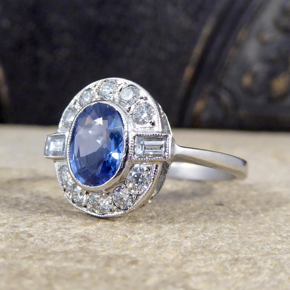 1.65 Carat Sapphire and Diamond Cluster Engagement Ring mounted in Platinum In Good Condition In Yorkshire, West Yorkshire