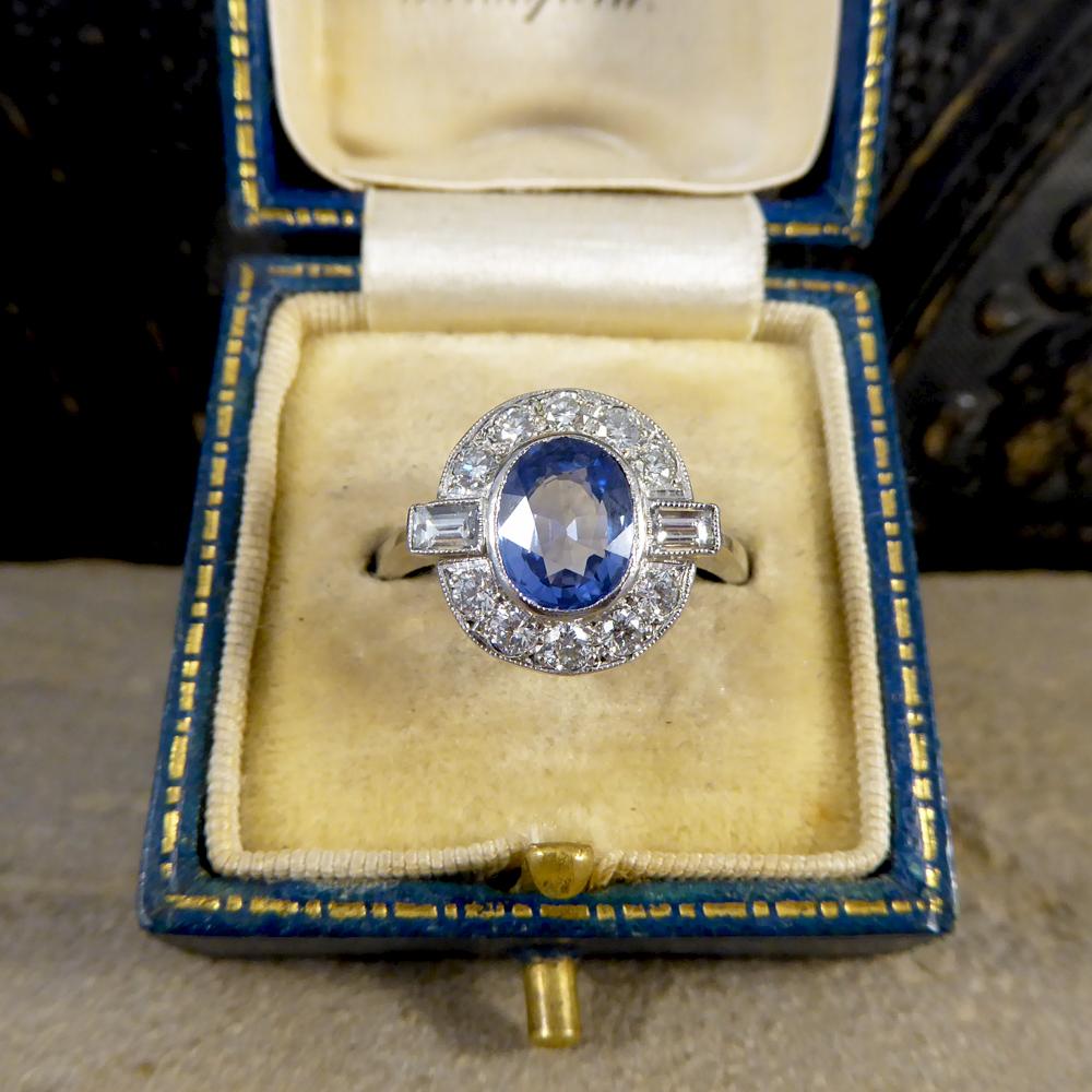 1.65 Carat Sapphire and Diamond Cluster Engagement Ring mounted in Platinum 1