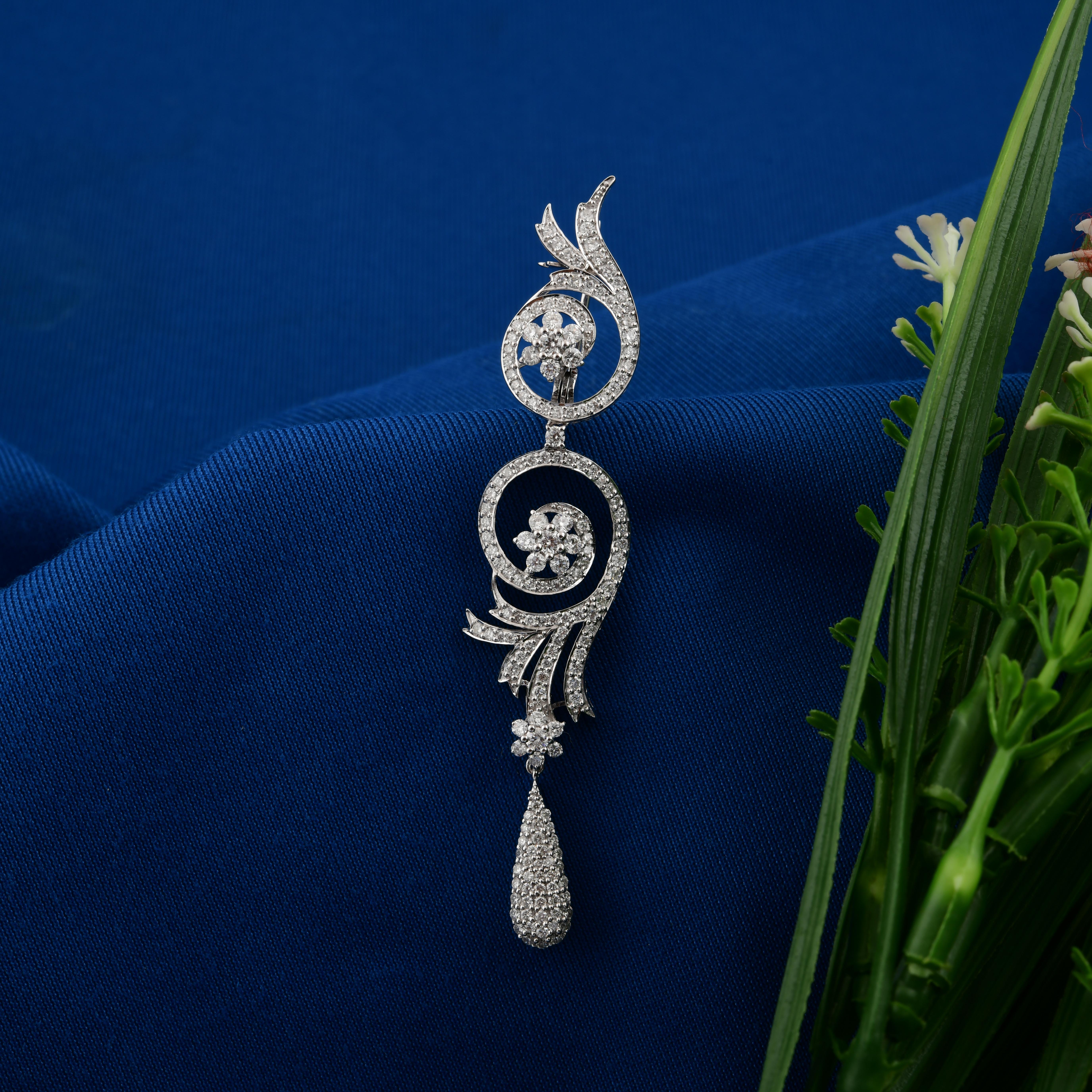 Modern 1.65 Carat SI Clarity HI Color Diamond Flower Brooch Pendant 18 Karat White Gold For Sale