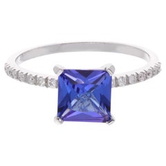 1,65 Karat Solitär Quadratischer Tansanit Bandring 0,18 Karat Diamant 18k Weißgold