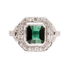 1.65 Carat Square Cut Teal Green Tourmaline and Diamond 18 Carat Gold Halo Ring
