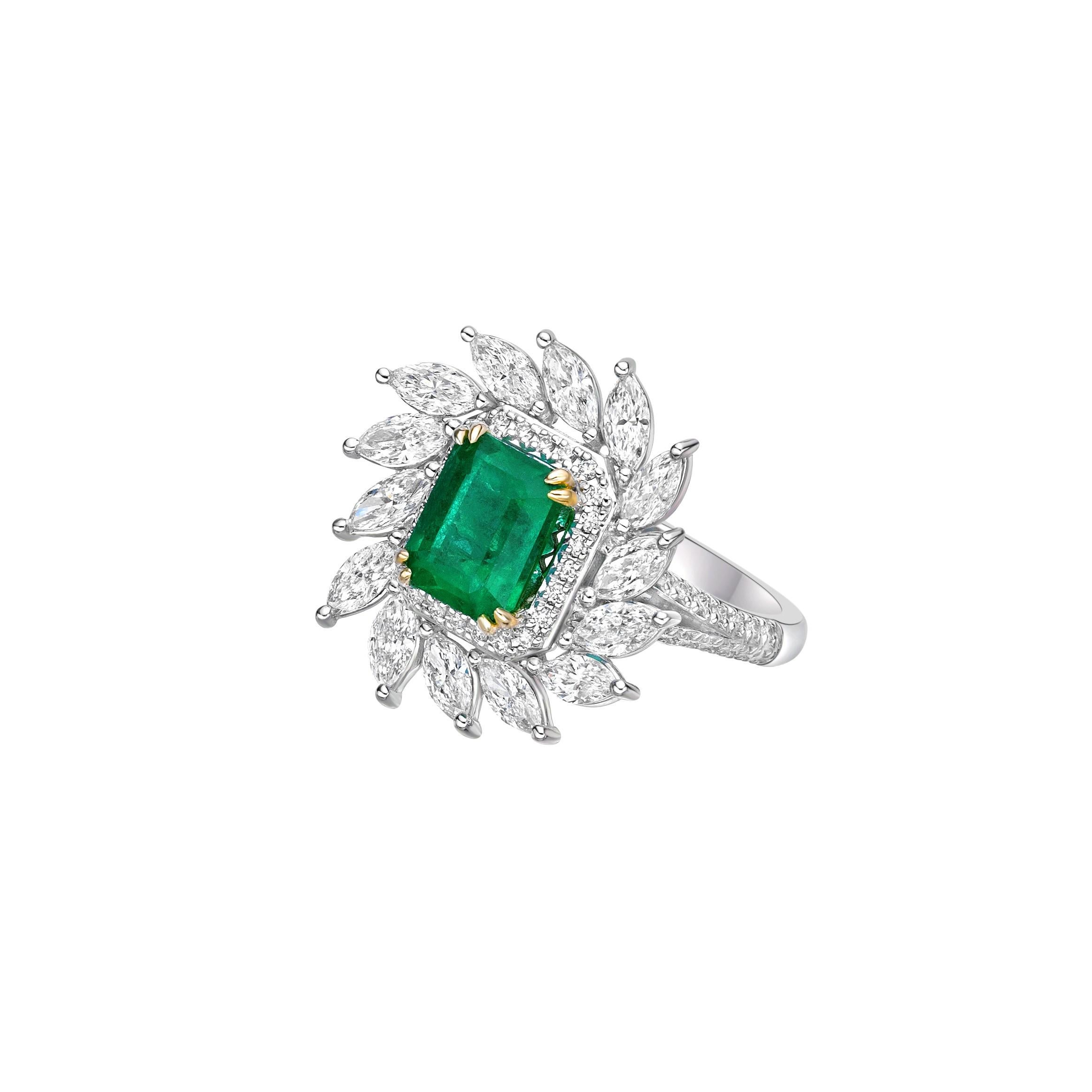Octagon Cut 1.65 Carat Sunflower Emerald Bridal Ring in 18KWYG with White Diamond. For Sale