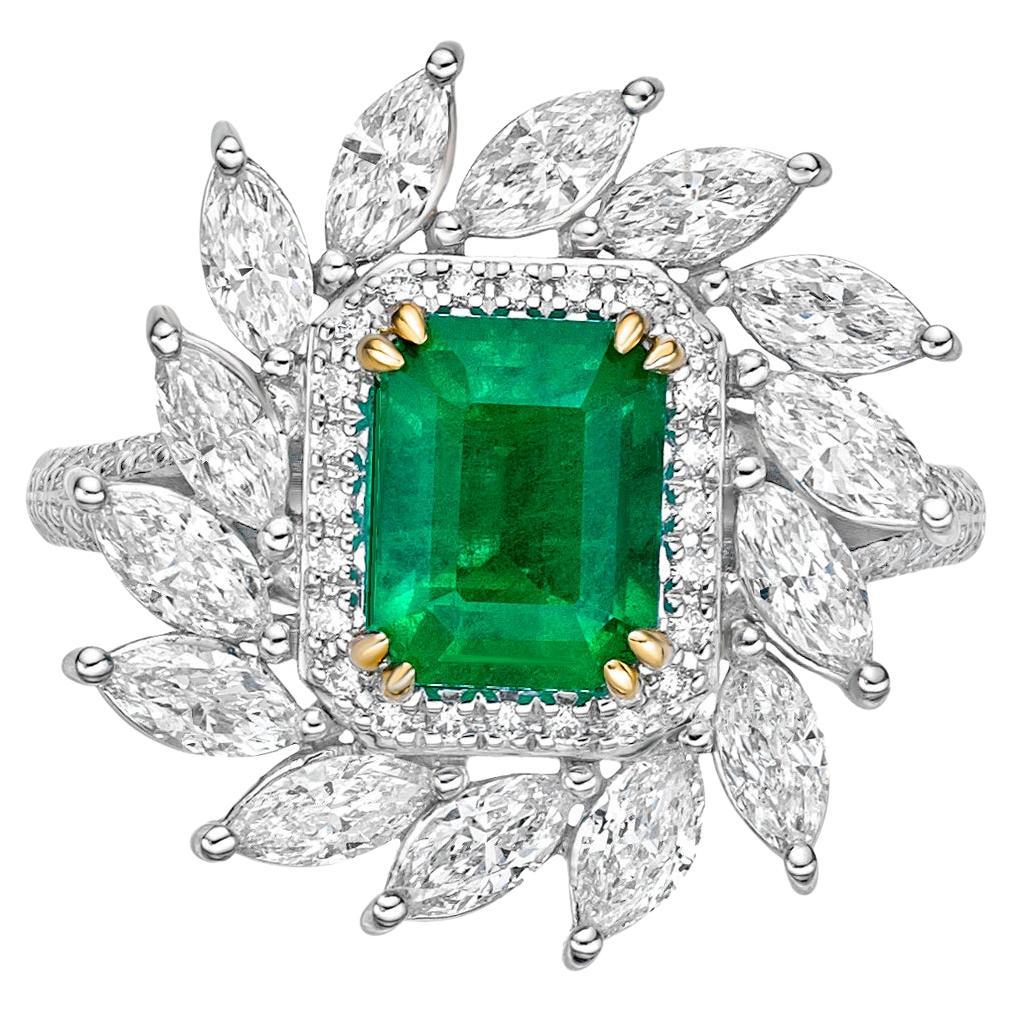 1.65 Carat Sunflower Emerald Bridal Ring in 18KWYG with White Diamond. For Sale