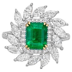 Used 1.65 Carat Sunflower Emerald Bridal Ring in 18KWYG with White Diamond.