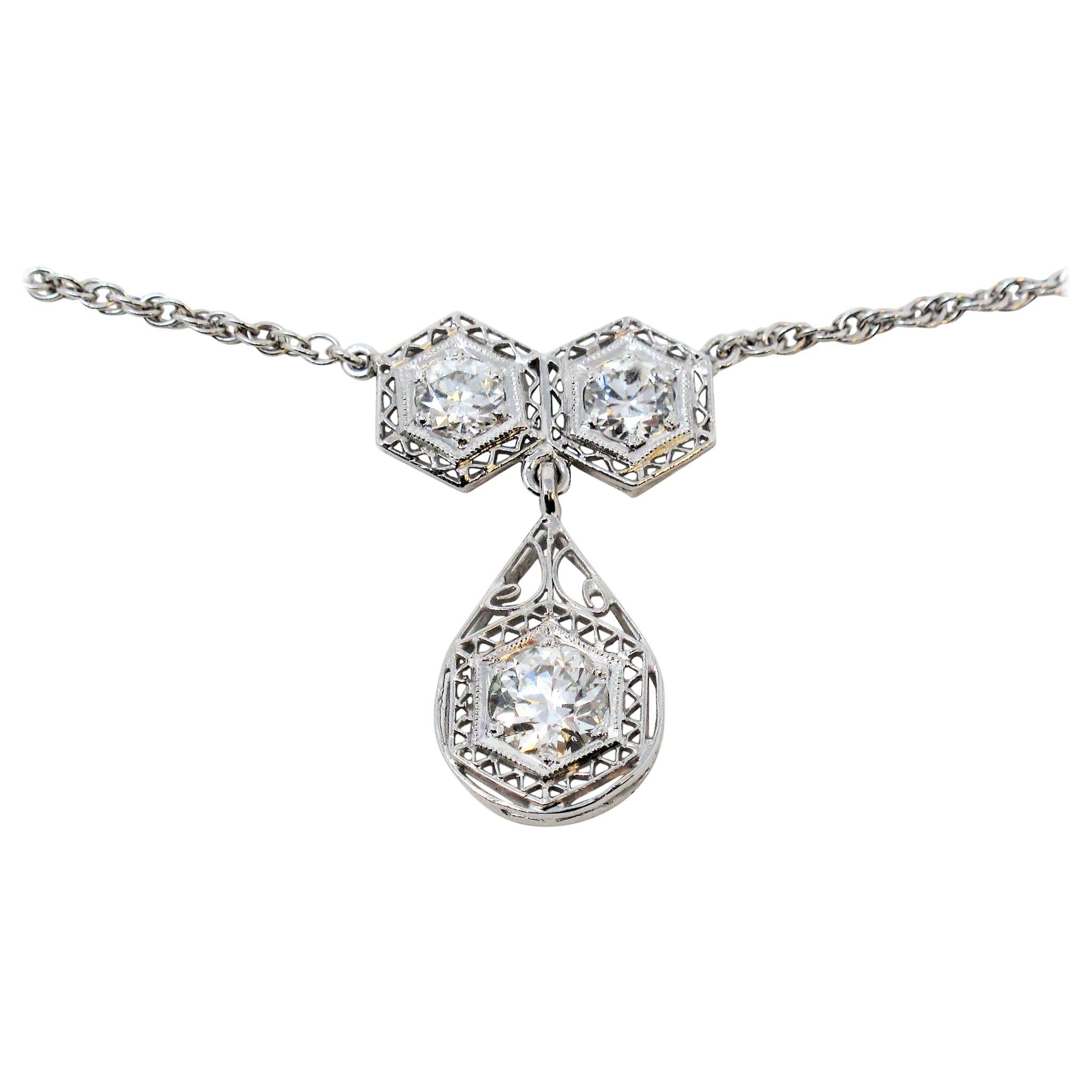 Three Stone Vintage Old European Cut Diamond Drop Necklace 14 Karat White Gold