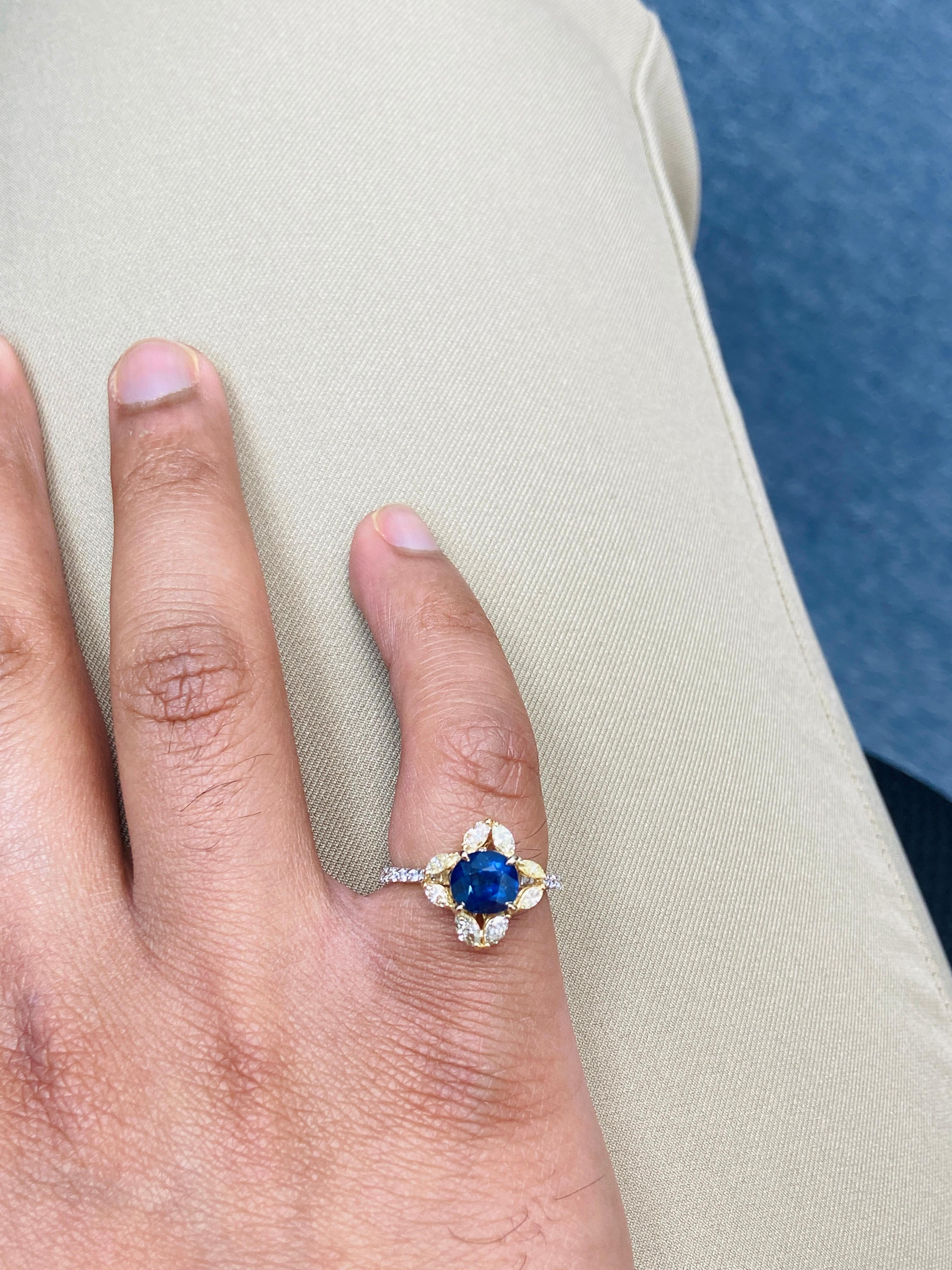 1.65 Carat Unheated Burmese Blue Sapphire and Diamond Gold Engagement Ring 7
