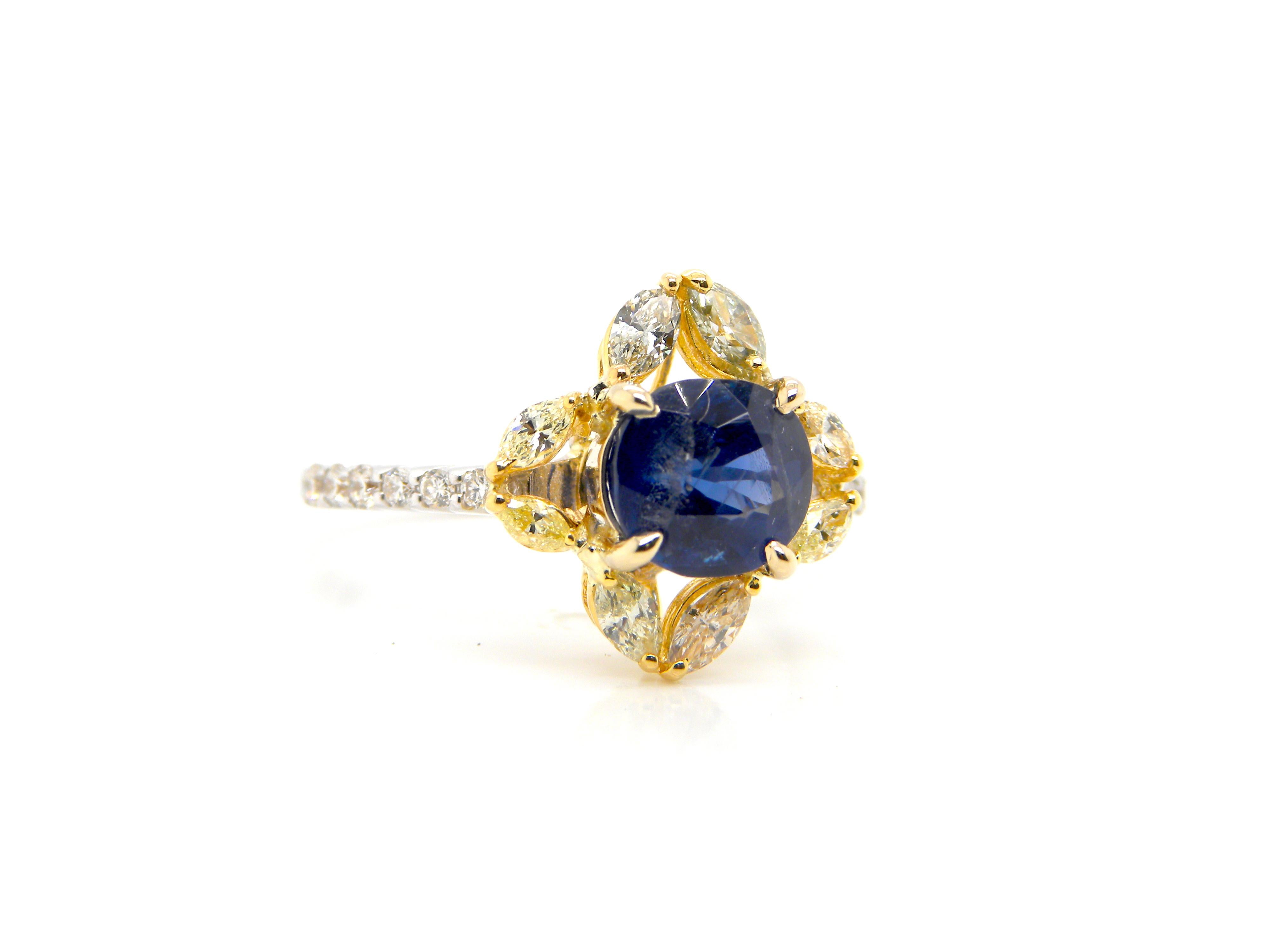 Contemporary 1.65 Carat Unheated Burmese Blue Sapphire and Diamond Gold Engagement Ring