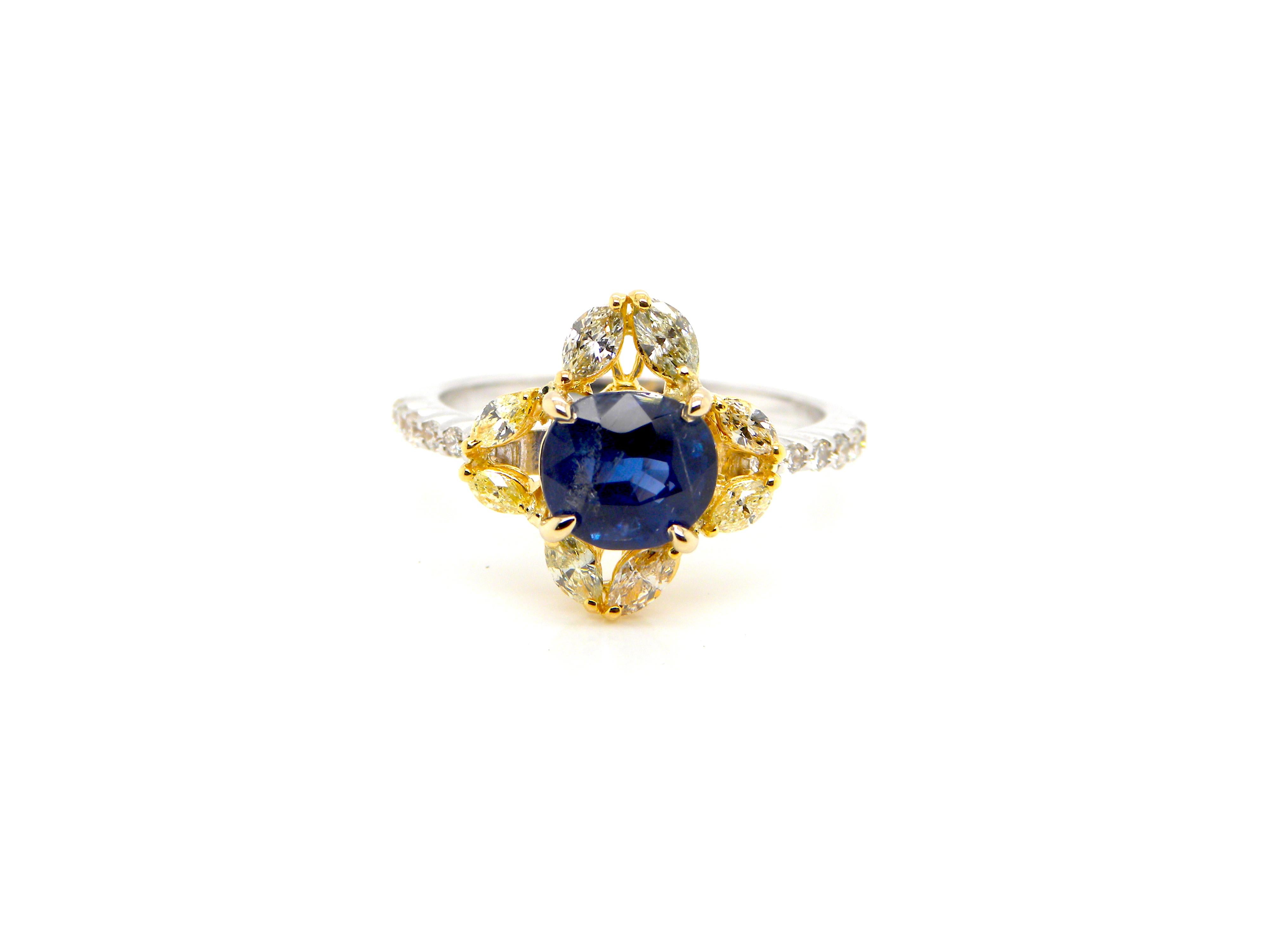 Antique Cushion Cut 1.65 Carat Unheated Burmese Blue Sapphire and Diamond Gold Engagement Ring