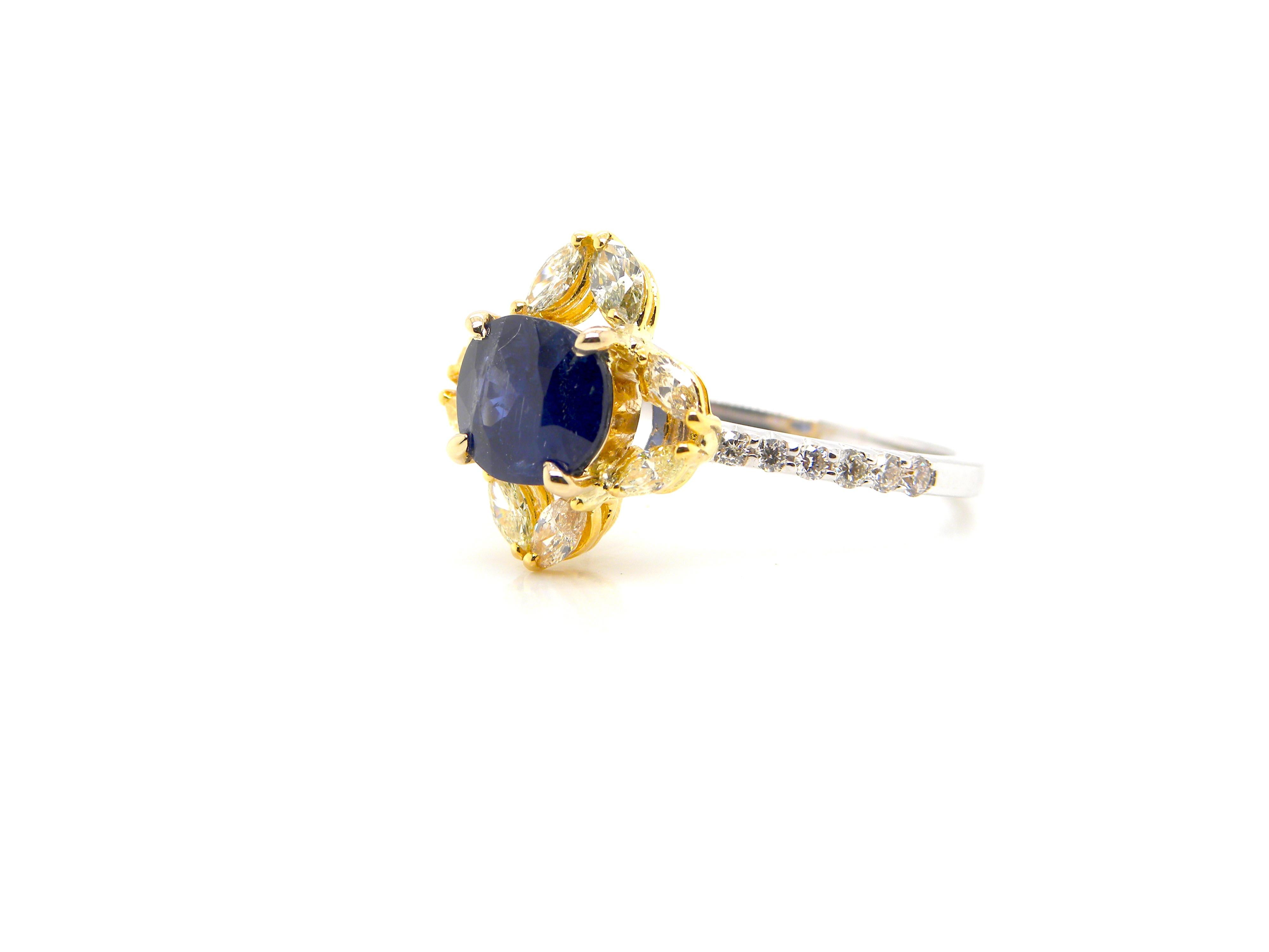Women's or Men's 1.65 Carat Unheated Burmese Blue Sapphire and Diamond Gold Engagement Ring