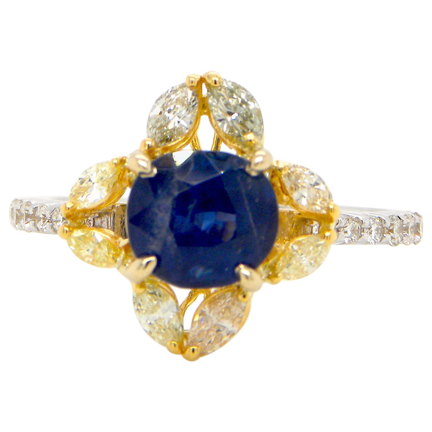 1.65 Carat Unheated Burmese Blue Sapphire and Diamond Gold Engagement Ring
