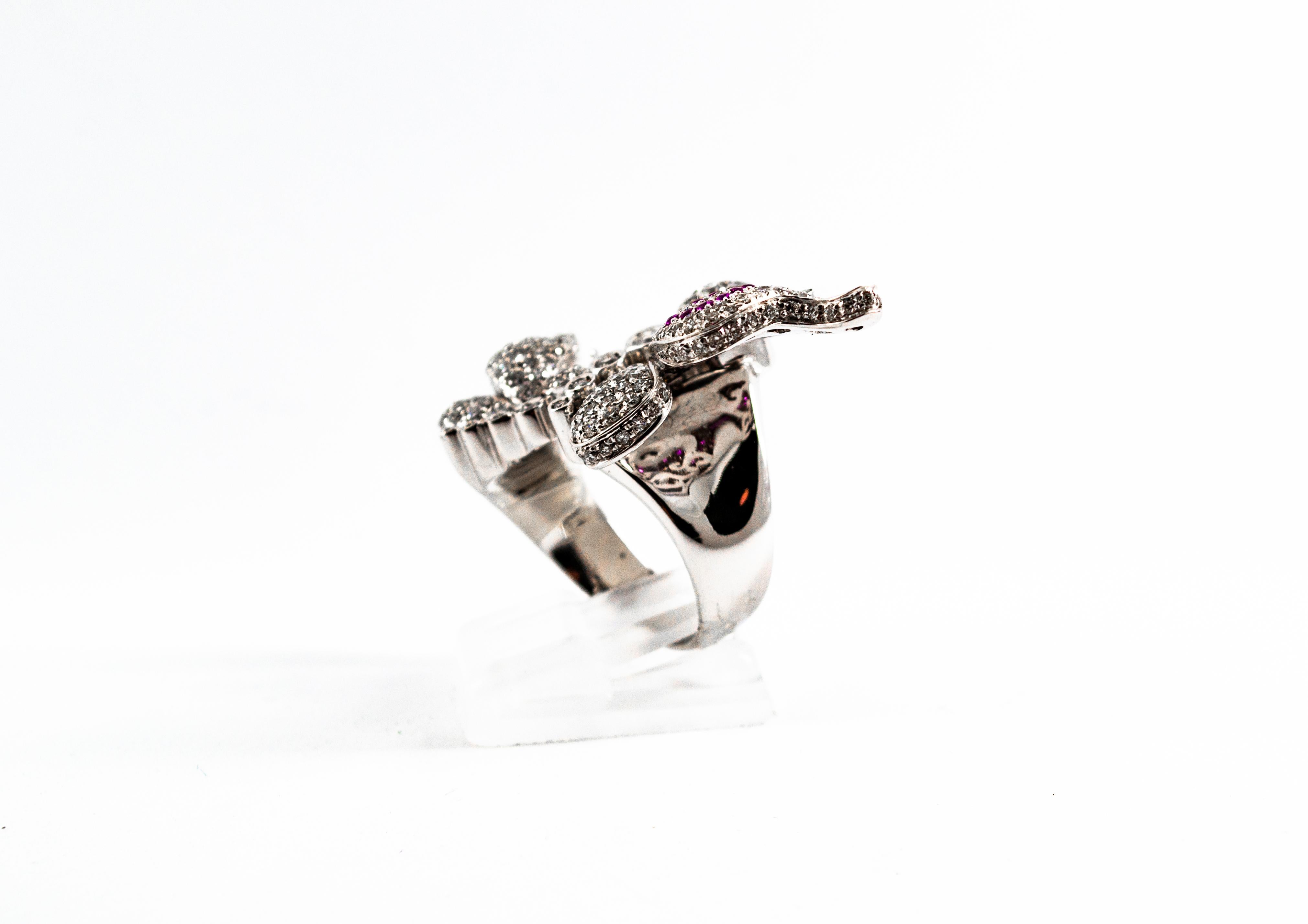 1.65 Carat White Diamond 0.15 Carat Ruby White Gold Butterflies Cocktail Ring In New Condition In Naples, IT