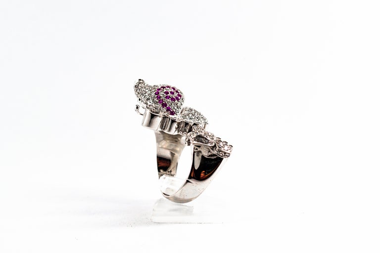 Women's or Men's 1.65 Carat White Diamond 0.15 Carat Ruby White Gold Butterflies Cocktail Ring For Sale
