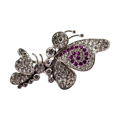 1.65 Carat White Diamond 0.15 Carat Ruby White Gold Butterflies Cocktail Ring