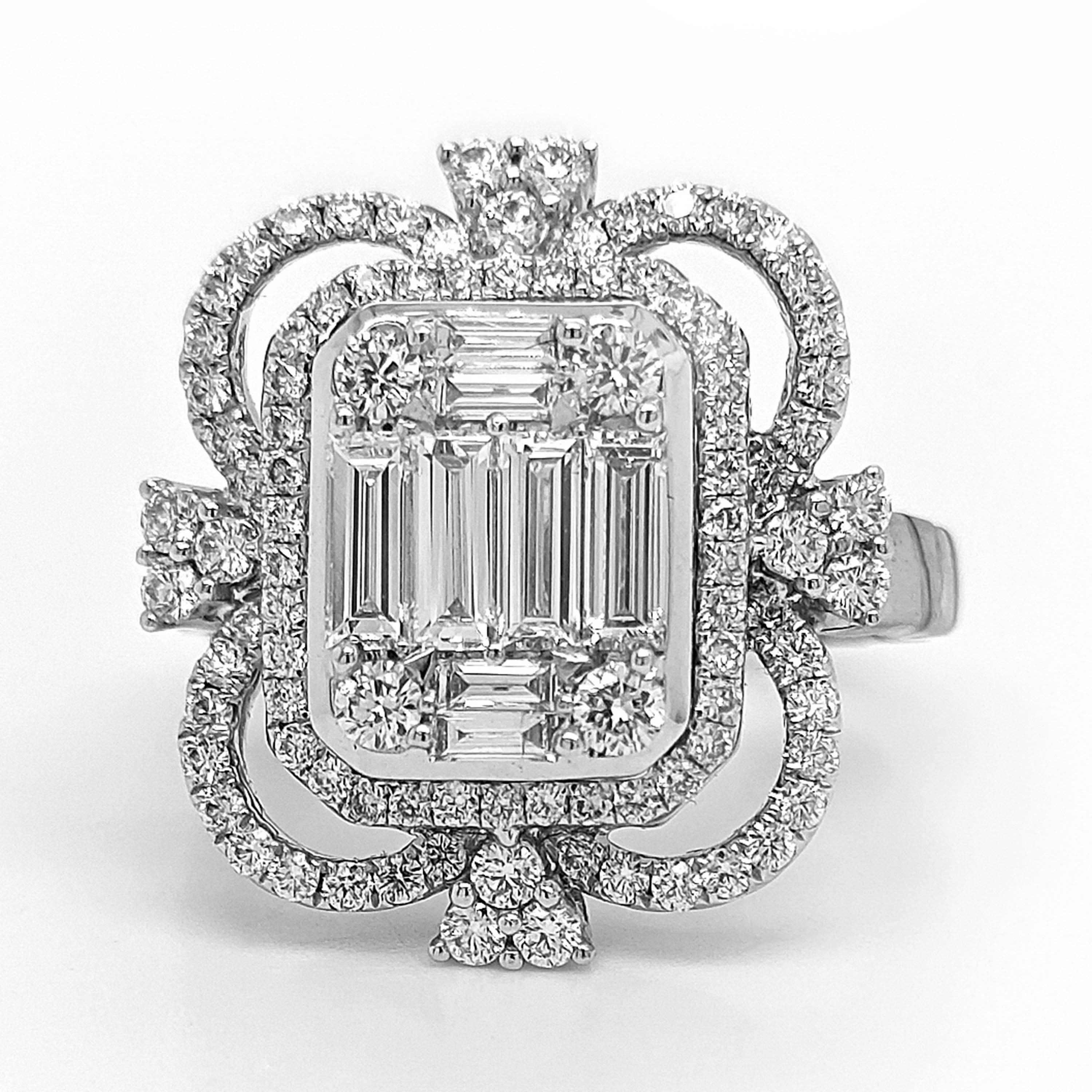 94 Weiße runde Diamanten: 0,91 Karat
8 Baguette-Diamanten: 0,74 Karat
Metall: 18K Weißgold, 7,13 Gramm
