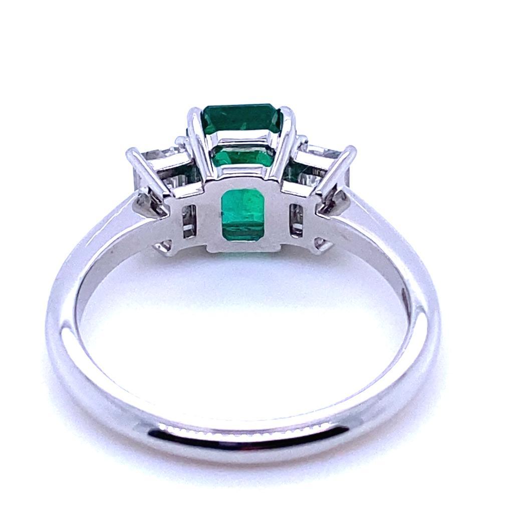 Women's 1.65 Carat Zambian Emerald and Diamond Three Stone Platinum Engagement Ring For Sale
