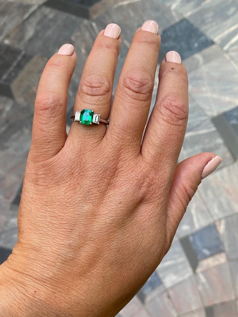 1.65 Carat Zambian Emerald and Diamond Three Stone Platinum Engagement Ring For Sale 2