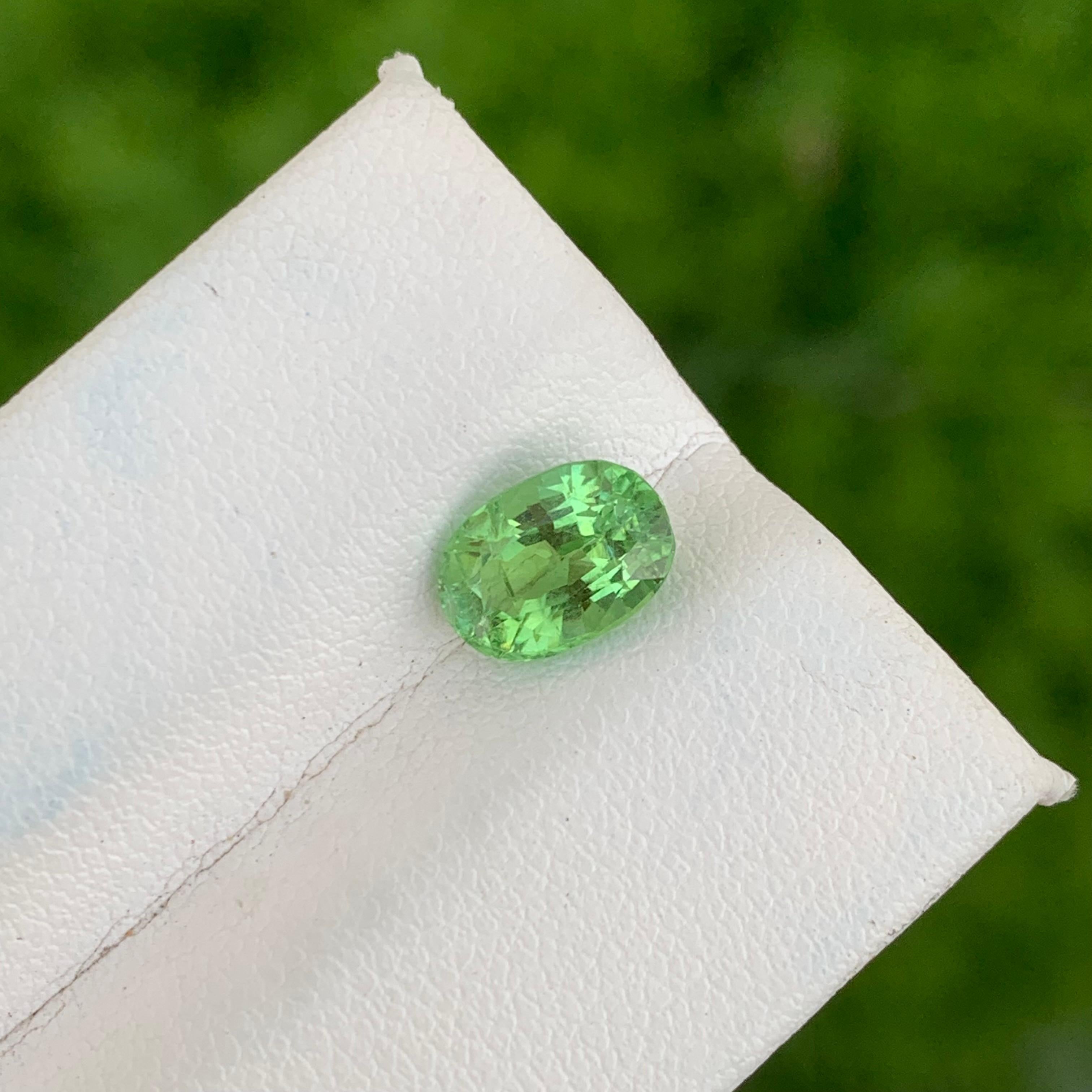 Loose Tourmaline 
Weight: 1.65 Carats 
Dimension: 8.1x5.9x4.7 Mm
Origin: Kunar Afghanistan 
Shape: Oval
Color: Mint Green
Treatment: Non
Certificate: On Demand
Mint green tourmaline, a captivating variety of tourmaline, is celebrated for its