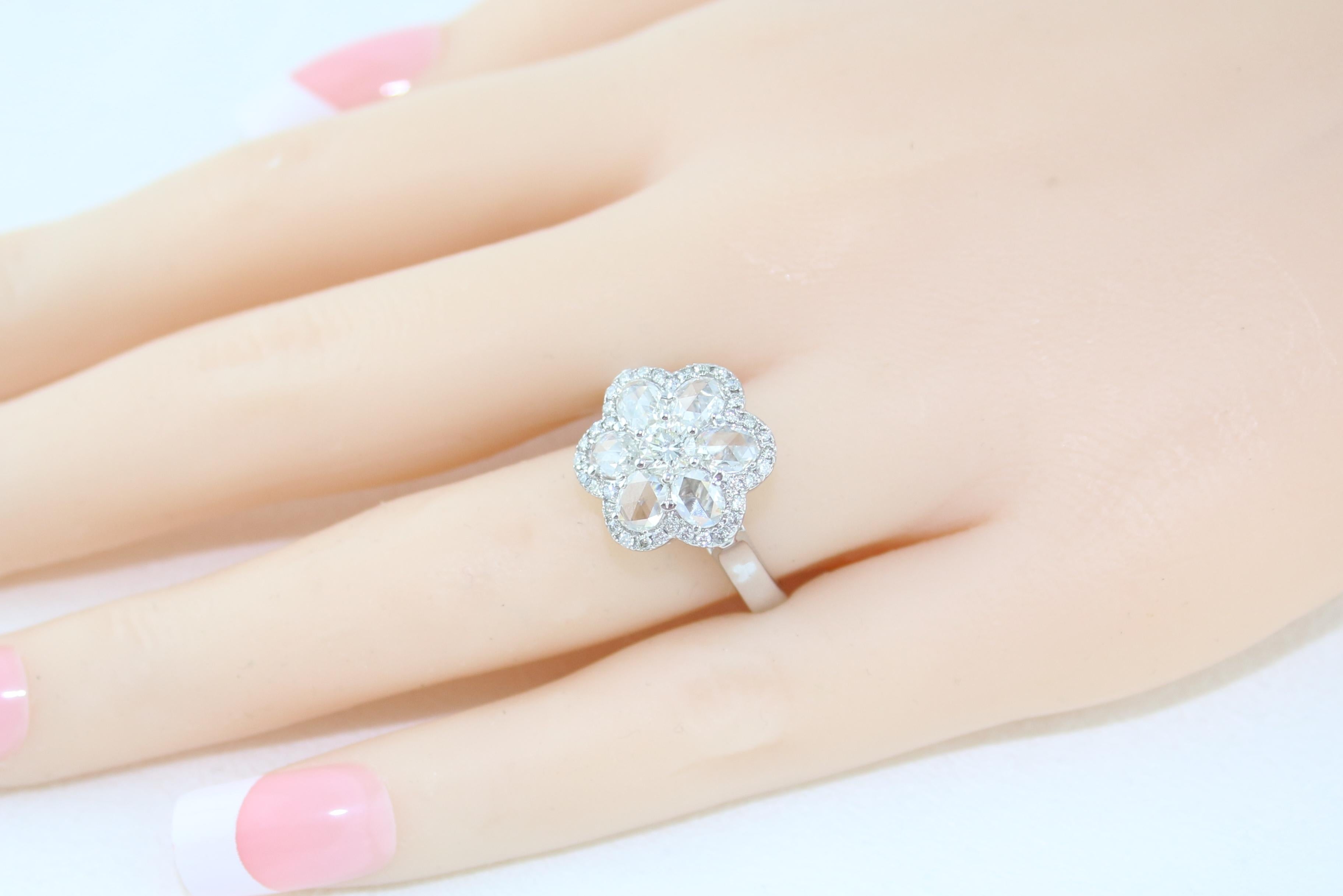 1.65 Carat Rose Cut and Round Diamonds Gold Flower Ring For Sale 5